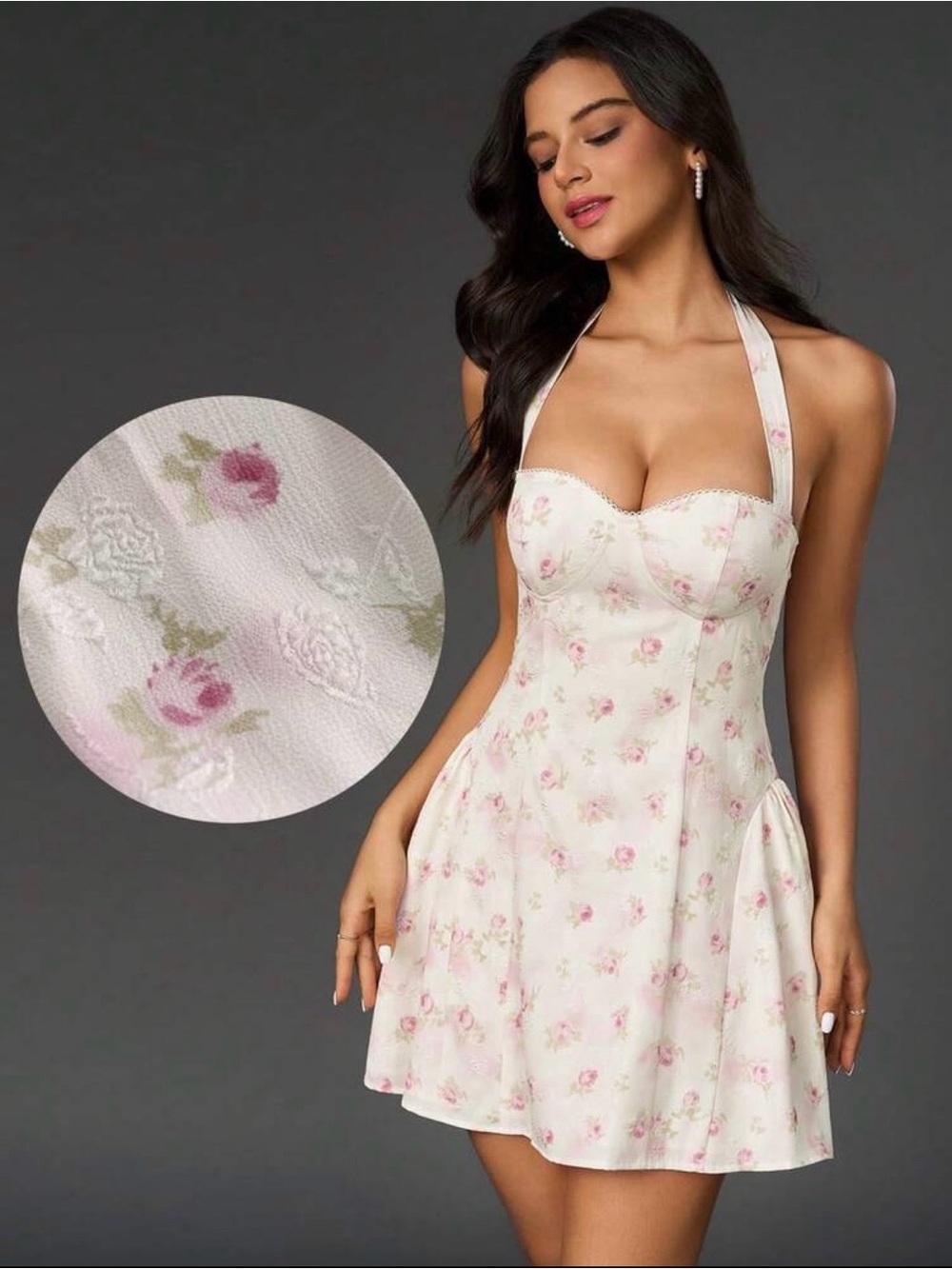 Brand New without Tag White Floral Halter Fit-and-Flare Dress Size XS